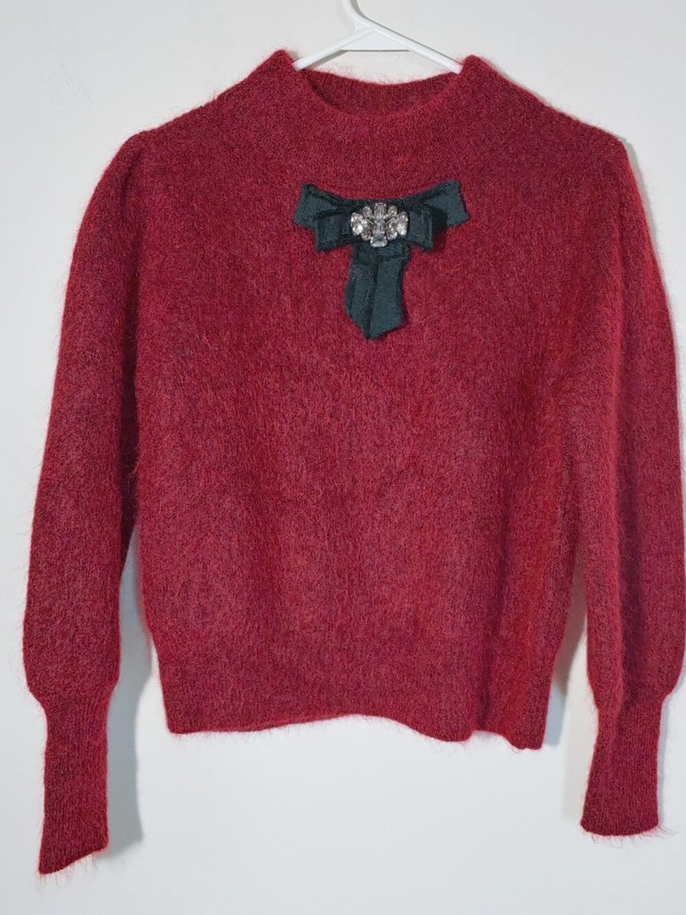 ZARA Fuzzy Mohair Wool Blend Rhinestone Bow Mock Neck Knit Sweater Sz M Burgundy